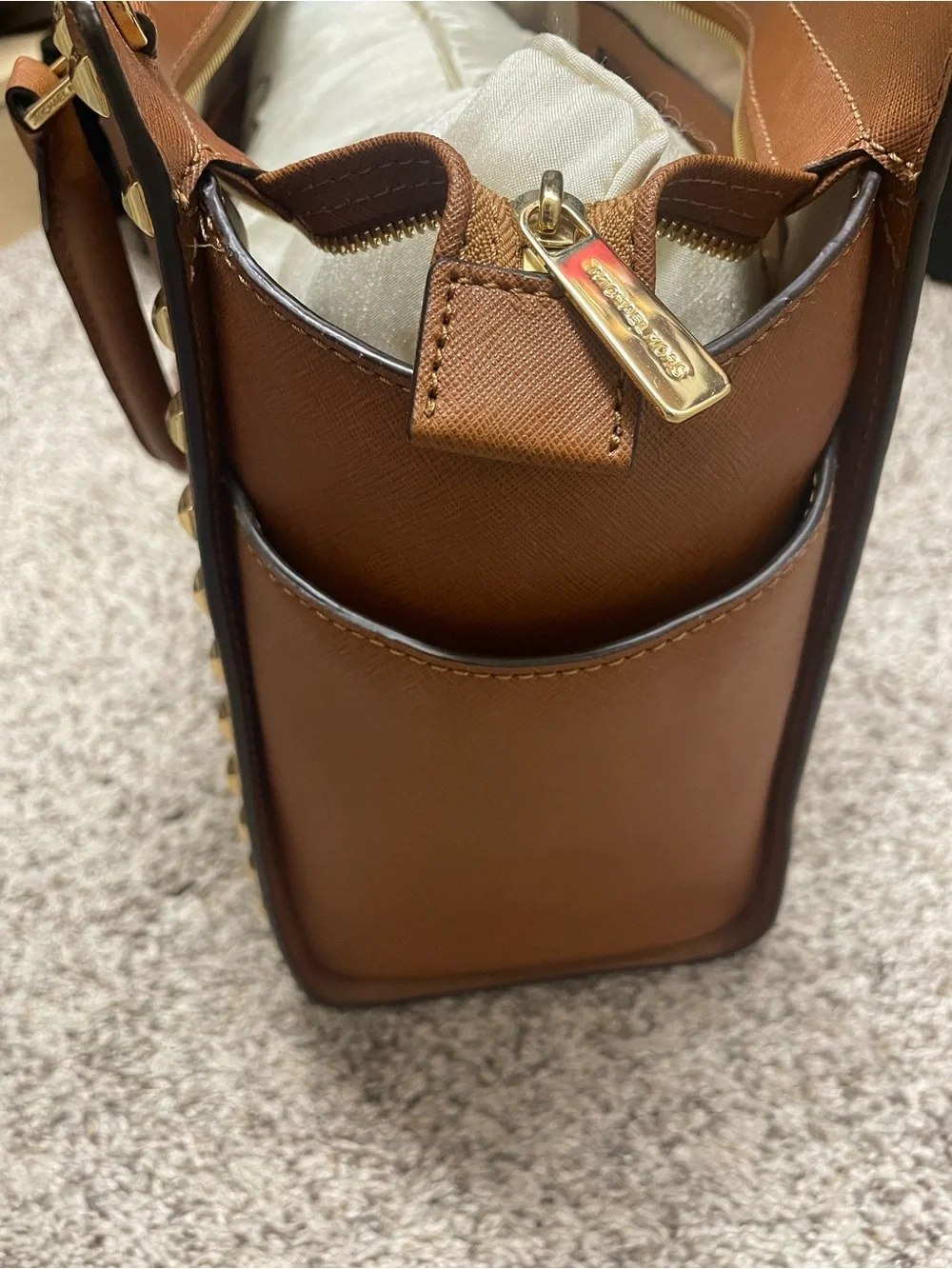 Michael Kors Brown Saffiano Leather Studded Satchel